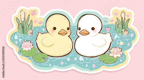 Cute Ducklings Duo: A charming illustration features two adorable ducklings, one yellow and one white, nestled together in a serene pond surrounded by lily pads and gentle ripples.
