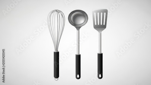 Set of Three Kitchen Utensils - Whisk, Ladle, and Spatula.