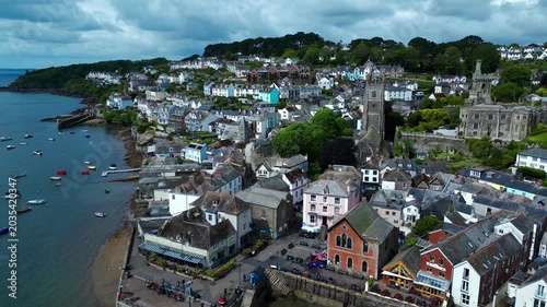 Aerial views of the seafront and estuary in the costal town of Fowey on the south coast of Cornwall in the southwest of England. 
