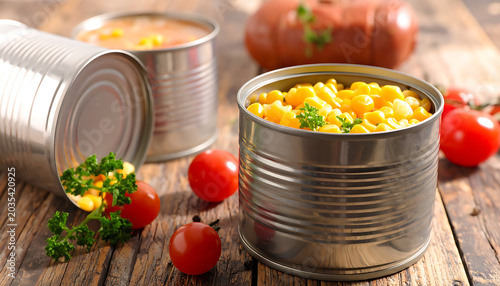 Open tin of sweet corn with parsley and cherry tomatoes scattered around on rustic wooden table, canned food concept, pantry staple