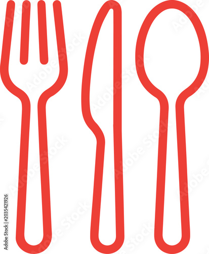Red outline of a fork, knife, and spoon arranged in a row represents cutlery for dining or meals.