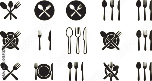 Schilderij op canvas Assortment of flatware icons including spoons, forks, and knives arranged in various compositions
