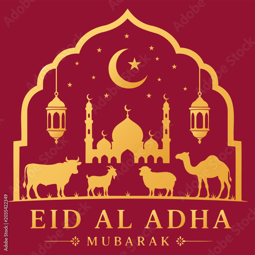 Eid al adha mubarak islamic greeting card with mosque, lanterns, crescent moon, stars and qurbani animals on red background vector illustration