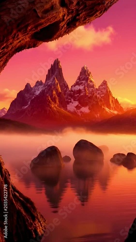 Mystical Tree Arch Framing Glowing Sunset Mountains