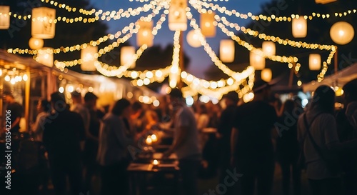 A bustling evening festival scene filled with warm string lights and cheerful attendees enjoying summer festivities.