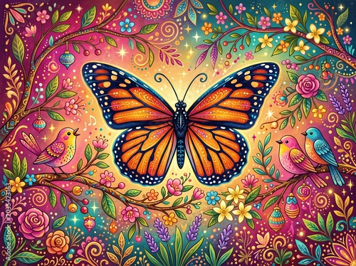 Colorful butterfly with vibrant floral and whimsical background, intricate art, nature-inspired wall decor, fantasy scene, decorative illustration, lively colors, artistic home decoration