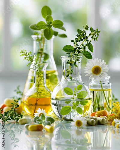 Botanical ingredients in clean lab setup showcasing natural medicine and biotech fusion for modern wellness innovation