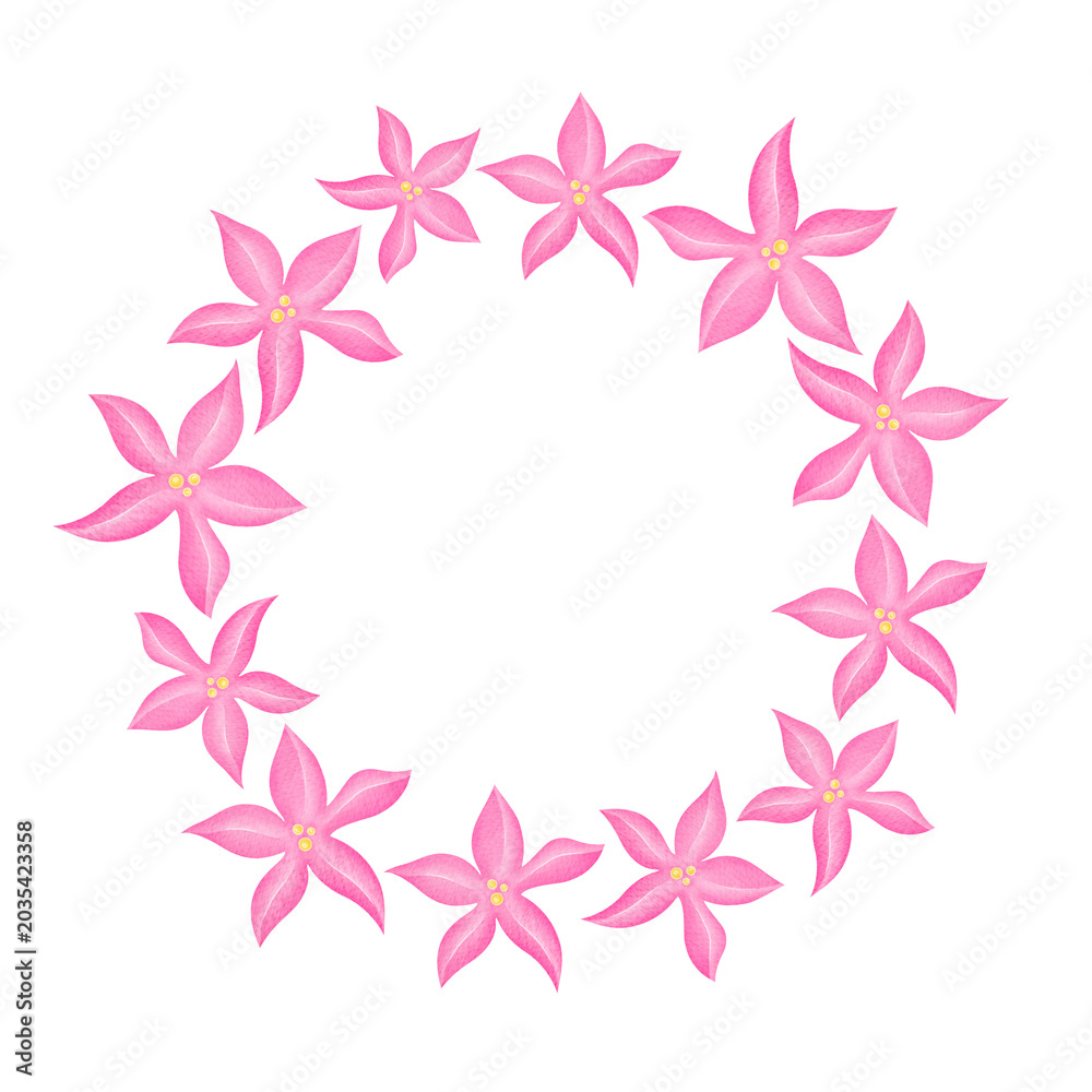 Obraz premium Watercolor Pink Flower Wreath Illustration with Pointed Petals and Yellow Centers Arranged in Circular Frame isolated on transparent Background