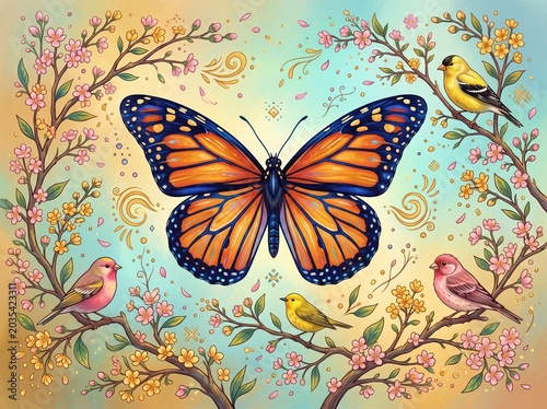 Colorful butterfly artwork with floral and whimsical elements, vibrant nature scene, artistic wall decor, fantasy art, decorative illustration, nature-inspired design, vibrant colors