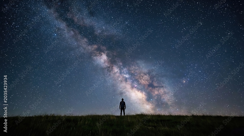 Fototapeta premium Man silhouette standing on an earth horizon observing the immense cosmic celestial body, spectacular universal galaxy path, dark starry firmament, infinite space, night atmosphere.