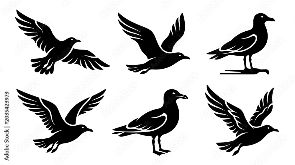 Naklejka premium different black seagull silhouettes on a clean white background, minimalist vector style.