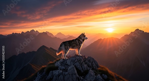 Majestic husky standing on a mountain peak overlooking a breathtaking sunset landscape