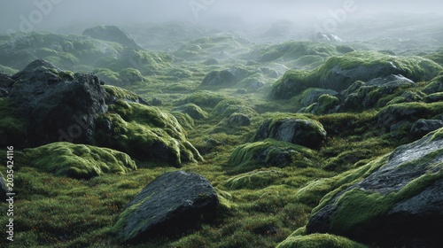 A verdant, misty landscape features moss-covered rocks and grassy plains, creating a moody, natural vista