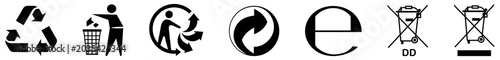 Recycling and waste disposal icon set featuring eco packaging symbols, recycle marks, green dot, trash bin, Tidyman and sustainability compliance labels. vector icons