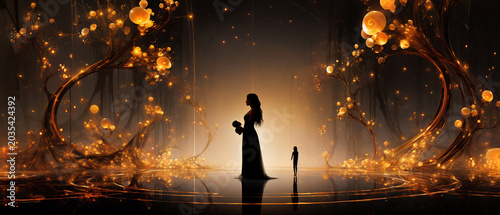 Silhouette of a woman and child surrounded by glowing golden lights