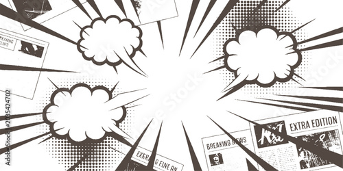 Comic book style explosion of newspapers and speech bubbles in brown and white burst