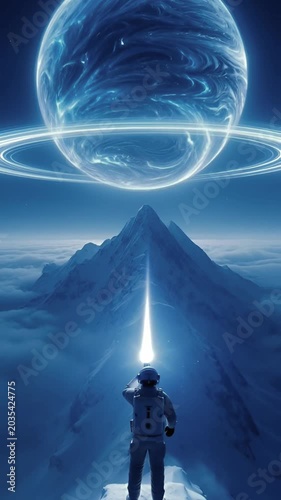Astronaut On Snowy Mountain Exploring Alien Planet