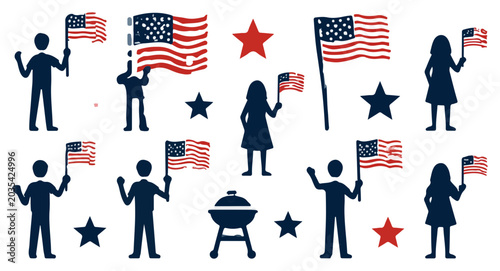 Silhouettes of people celebrating American holidays with flags and stars.