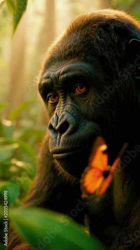 Gentle Gorilla Watching a Bright Orange Butterfly
