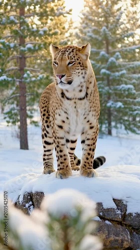 Majestic Leopard Standing in Snowy Winter Forest