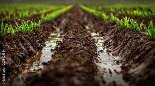 Close-up of rows of young green plants sprouting from wet, muddy earth in a field, leading to a hazy horizon