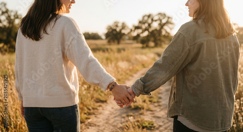 Two female friends holding hands walking in field at sunset. Friendship