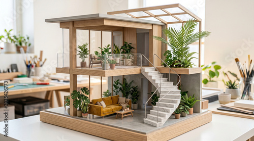 Foto Modern architectural scale model of a sustainable villa, miniature wooden house