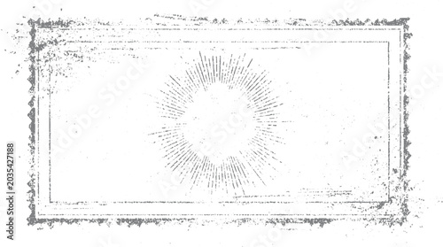Tablou pe pânză Distressed grey rectangular border with sunburst rays emanating from center on w