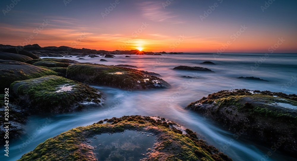Fototapeta premium Vibrant sunset bathes a rugged coastline in warm light, blending rocky formations, ocean waves, and lush greenery for a serene seascape.