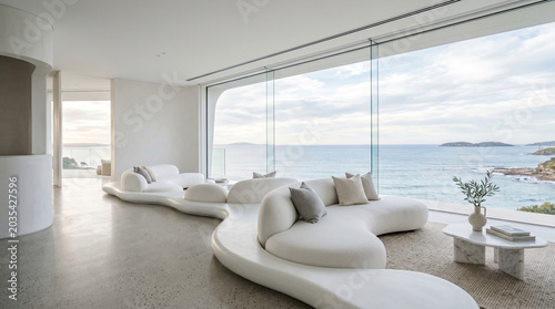 Minimalist luxury living room with curved white sofa, modern coastal villa interior with ocean view, bright contemporary lounge design