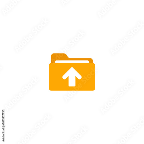 Orange file folder icon with an upload arrow inside, isolated on a white background. Concept for data submission, cloud backup, or file upload.