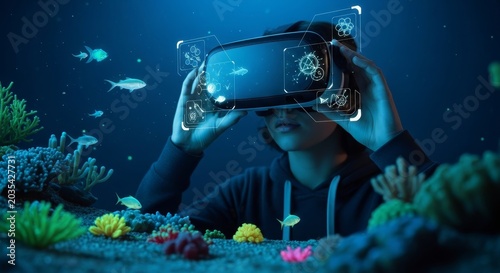 Person wearing a virtual reality headset exploring a vibrant, digital underwater world with marine life and futuristic interfaces.