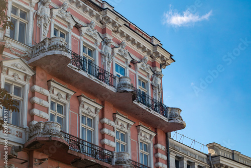 Classic Vintage European architecture with detailed balconies and decorative stonework