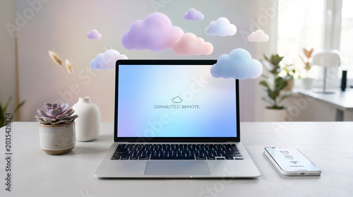 Cloud computing technology concept, 3D pastel clouds floating over laptop screen, wireless data storage and network connectivity visualization
