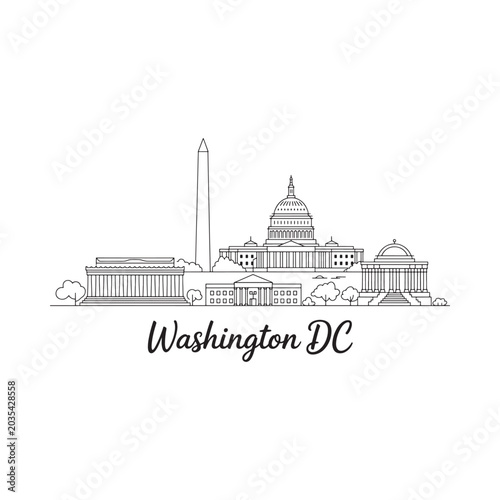 Washington dc skyline linear drawing with text