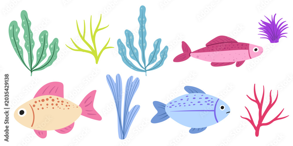 Obraz premium Underwater sea life with fish and coral vector elements