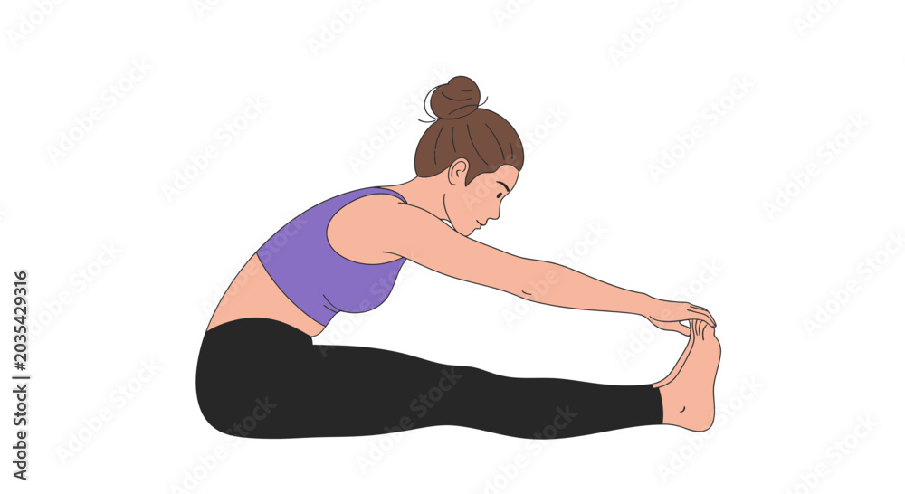 Obraz premium Woman practicing seated forward bend yoga pose, stretching hamstrings and back
