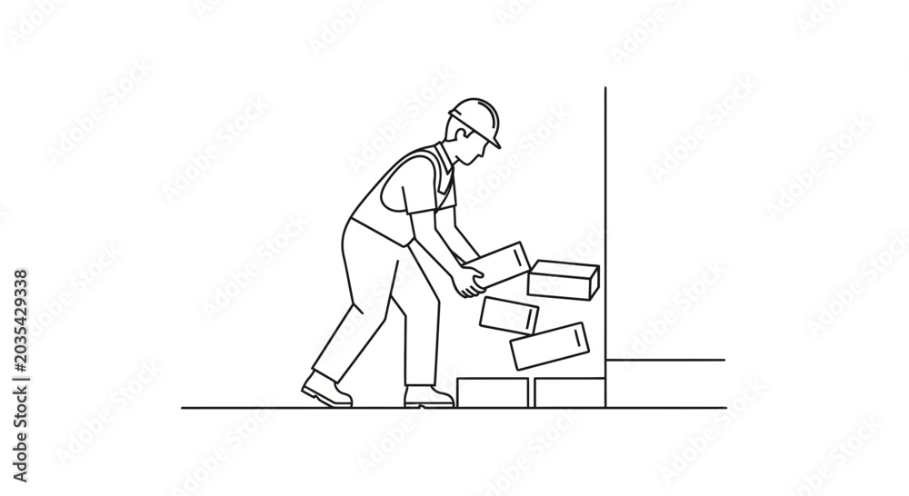Obraz premium Construction worker laying bricks on a building site, illustration