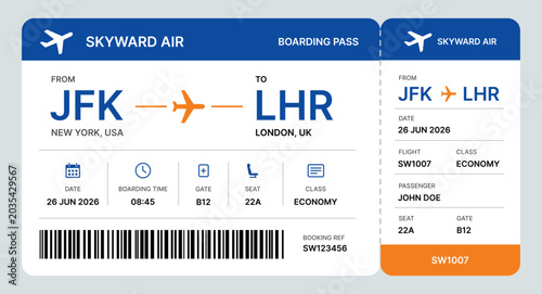 Slika na platnu Modern Airline Boarding Pass Template With Flight Ticket Travel Voucher Airport
