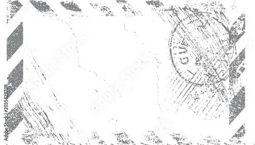 Distressed grey and white diagonal stripe pattern with circular stamp and map outline