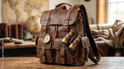 Vintage leather backpack with brass binoculars and compass, rustic brown rucksack for travel and adventure, antique style explorer gear on wooden table