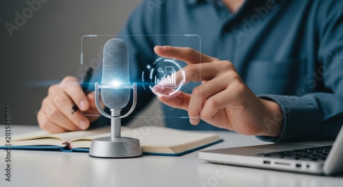 Person interacting with holographic audio recording interface and microphone for podcasting or digital media creation.