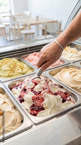 Hand scooping creamy gelato from display counter in ice cream parlor with assorted flavors.