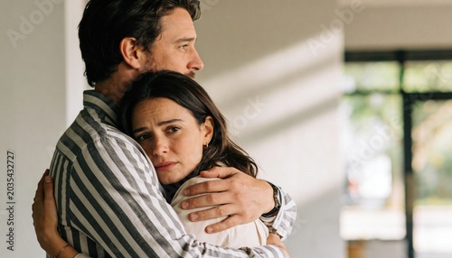 Emotional caucasian couple in their 30s in a close embrace in a bright minimal interior, man comforting a distressed dark-haired woman, authentic unposed moment of support and tenderness
