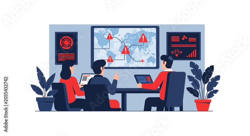 Cybersecurity Team Monitoring Global Network Threats on Digital Map in Command Center Vector. Flat Illustration for Risk Management and IT Security Operations.