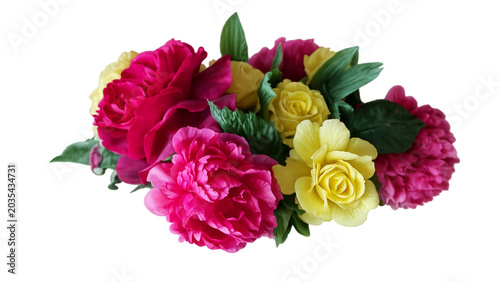 Colorful bouquet of blooming peonies and roses with green leaves on transparent background