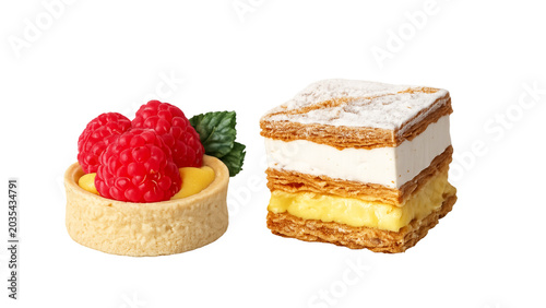 Delectable raspberry tart along with a creamy mille feuille, fresh pastries