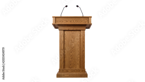 Canvastavla Wooden podium with two microphones on white