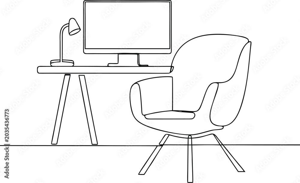 Fototapeta premium Computer desk with monitor lamp and chair single line drawing minimal office setup.