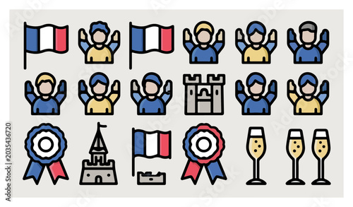 Tableau sur toile French National Symbols and Celebration Vector Icon Set.
